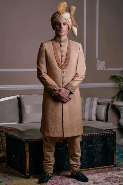 Trending Sherwani Designs - Golden Sherwani for Groom, Sherwani Set, Buy sherwani online by the best fashion designer in Pakistan