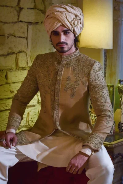 Golden prince coat for men of best fashion designer in Pakistan