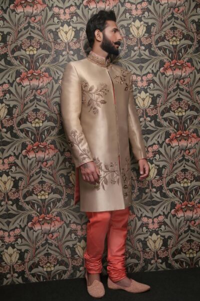 Desert Majesty Naushemian's Tan Sherwani with Auburn Accent