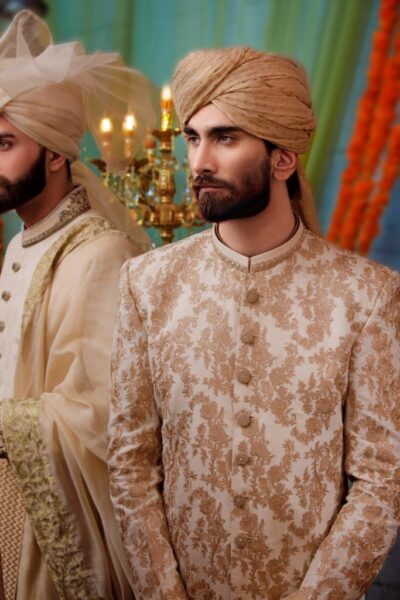 WHITE SHERWANI WITH GOLDEN EMBROIDERY AND GOLDEN TURBAN - SHERWANI FOR GROOM - white sherwani of naushemian by nauman arfeen buy sherwani online