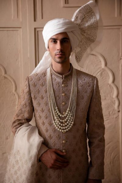 ANTIQUE WHITE SHERWANI WITH WHITE INNER SUIT, SHAWL AND TURBAN