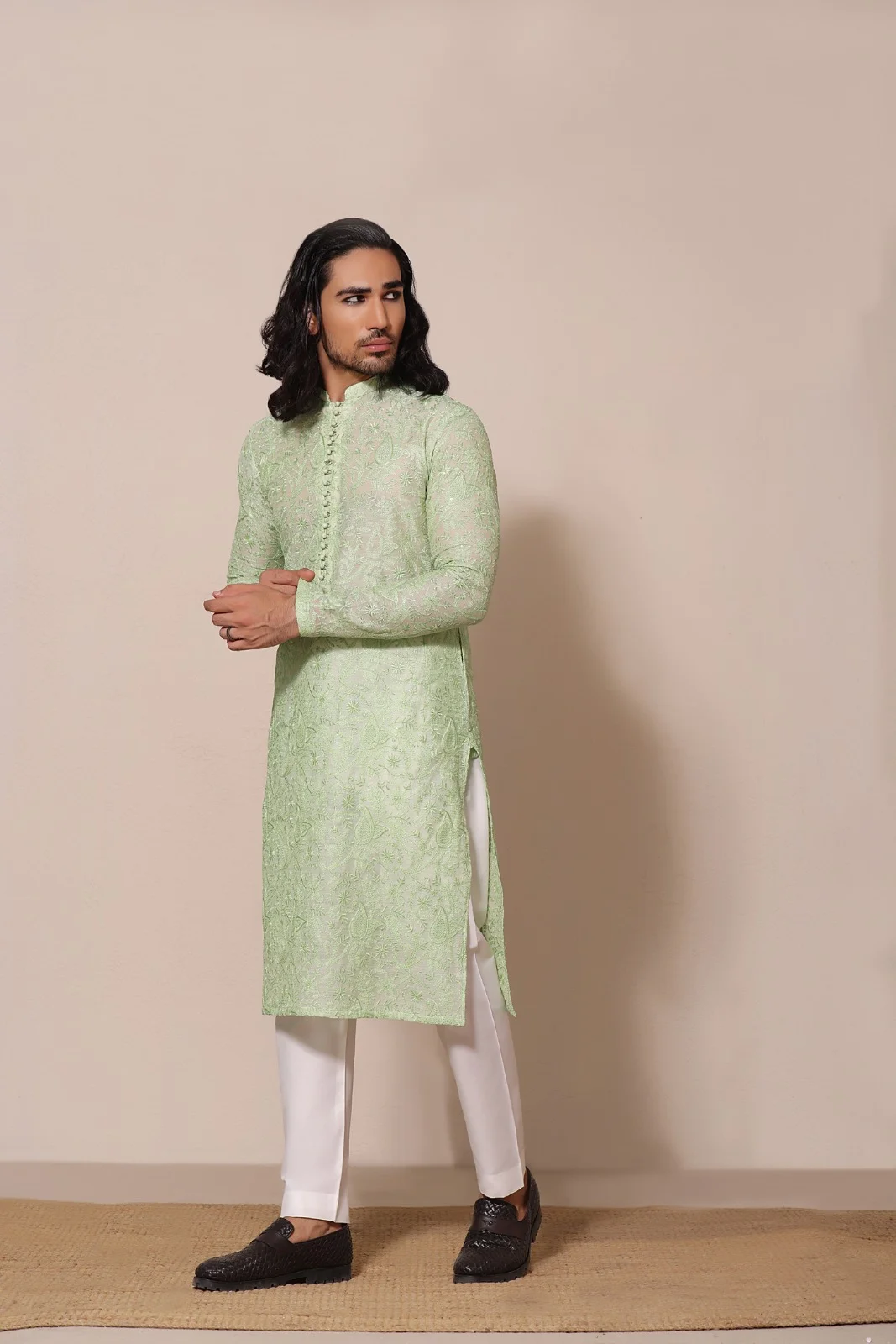 Embroidered Soft Green Kurta of best fashion designer in Pakistan