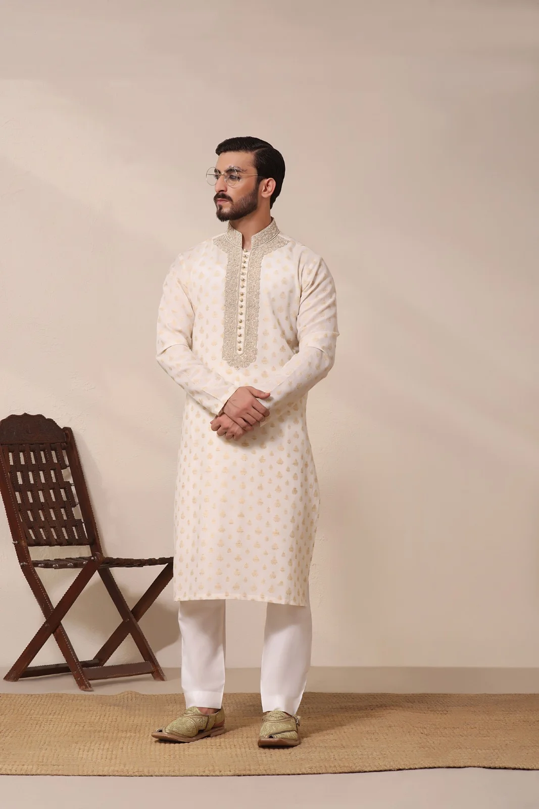 Neck Embroidered Cream Colored Kurta