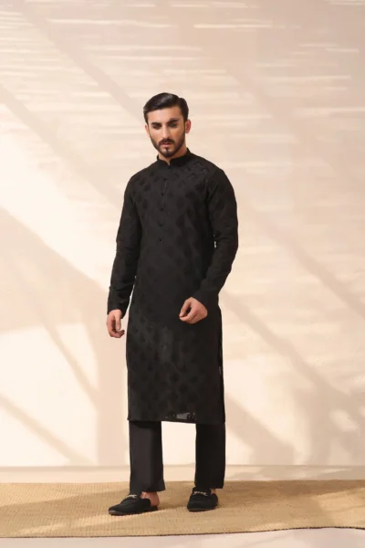 Light Embroidered Xinetix Black Kurta men of best fashion designer in Pakistan