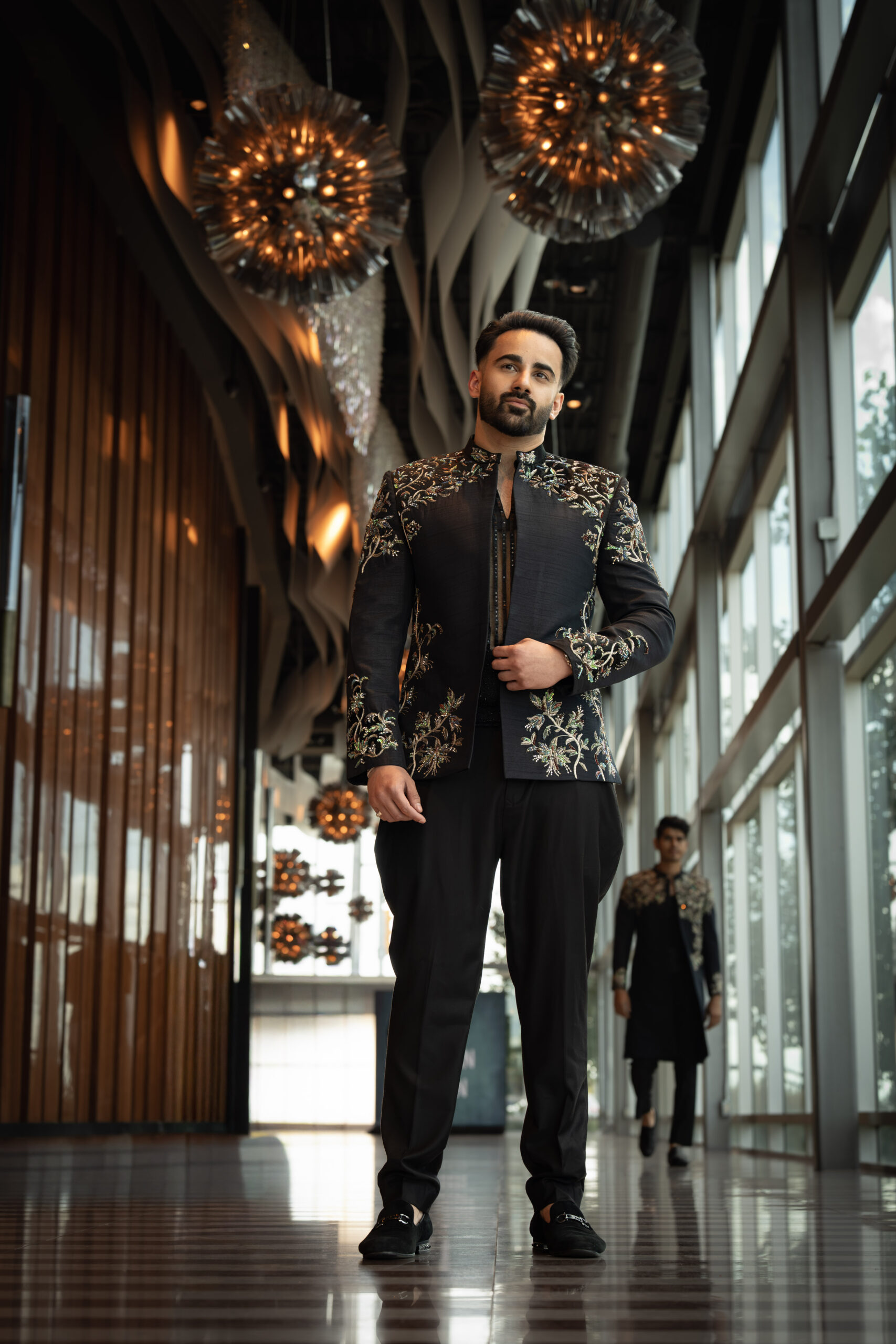 Prince coat of etoile 90-DSC_1154 Imperial Vine Black Embellished Couture Prince Coat Set featuring intricate floral vine embroidery, multicolour crystal embellishments, mandarin collar, black inner kurta, and draped trousers.