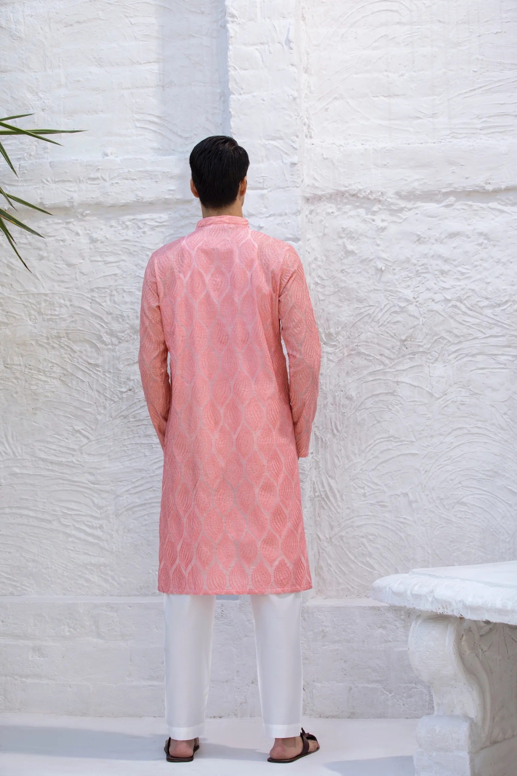 Men's Peachy Pink Leaf Embroidered Kurta - Buy kurta for men Men's Peachy Pink Leaf Embroidered Kurta - Buy kurta for men
