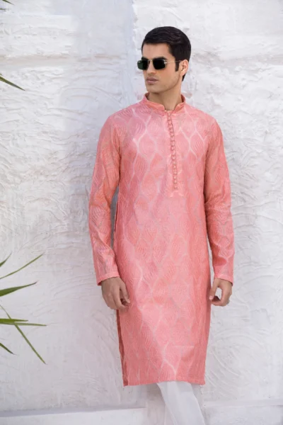 Men's Peachy Pink Leaf Embroidered Kurta - Buy kurta for men