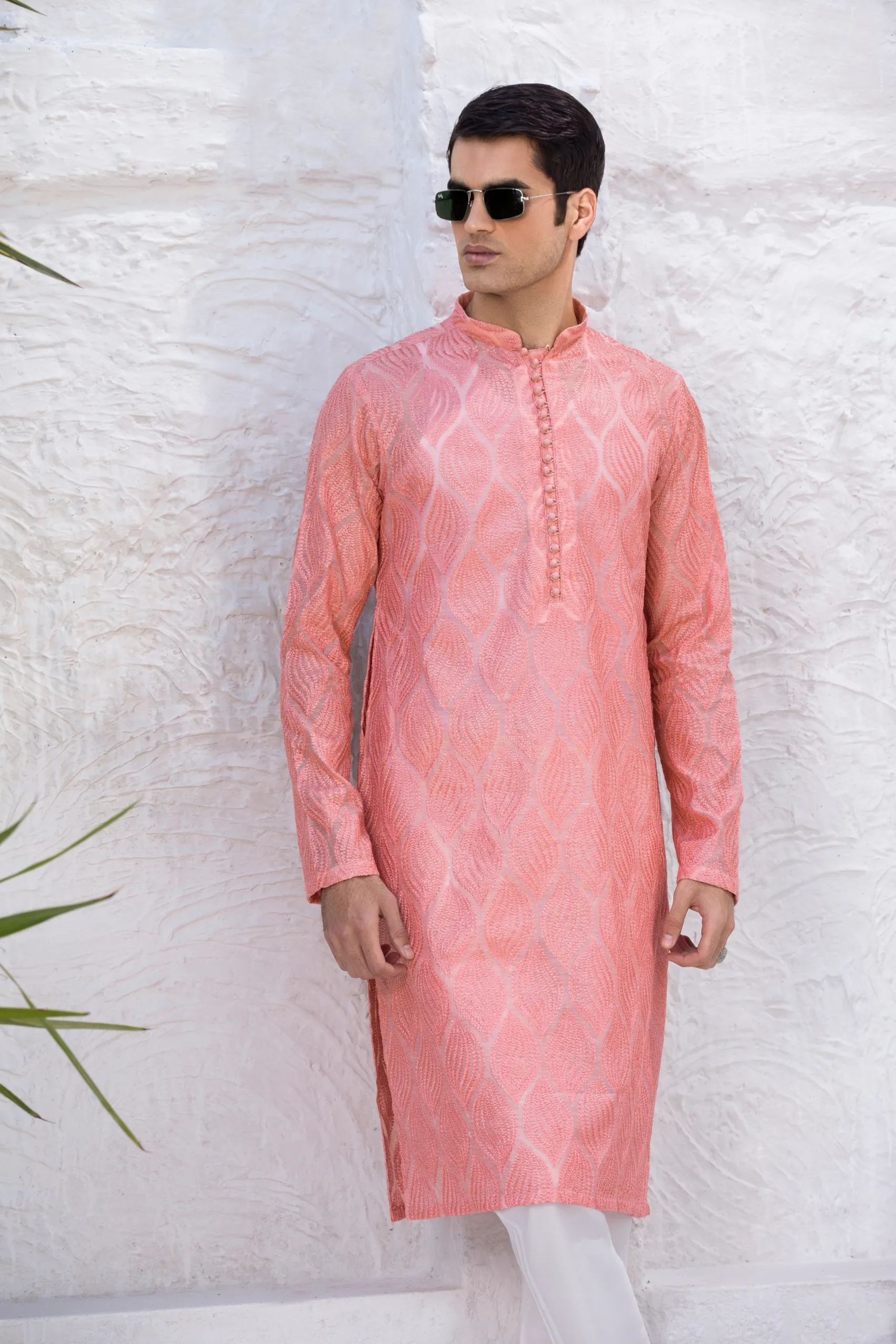 Men's Peachy Pink Leaf Embroidered Kurta - Buy kurta for men
