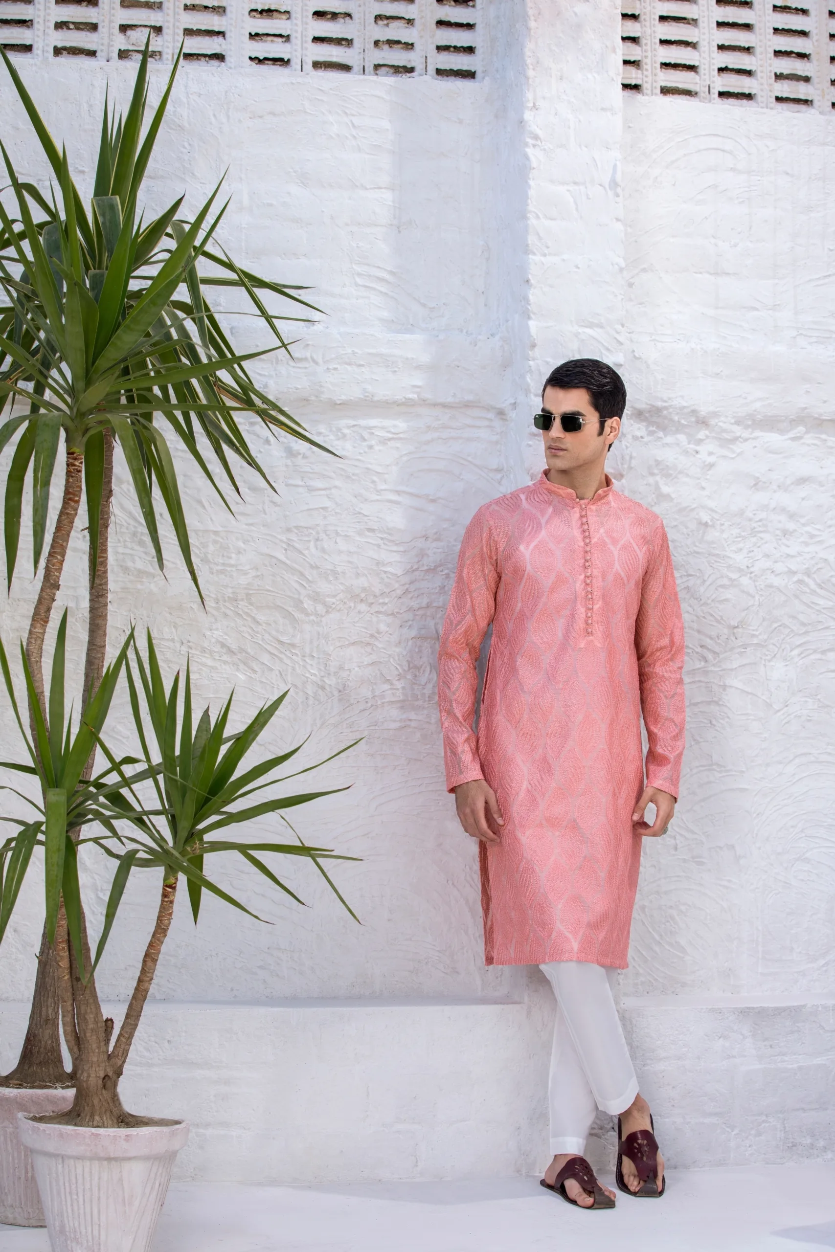 Men's Peachy Pink Leaf Embroidered Kurta - Buy kurta for men Men's Peachy Pink Leaf Embroidered Kurta - Buy kurta for men
