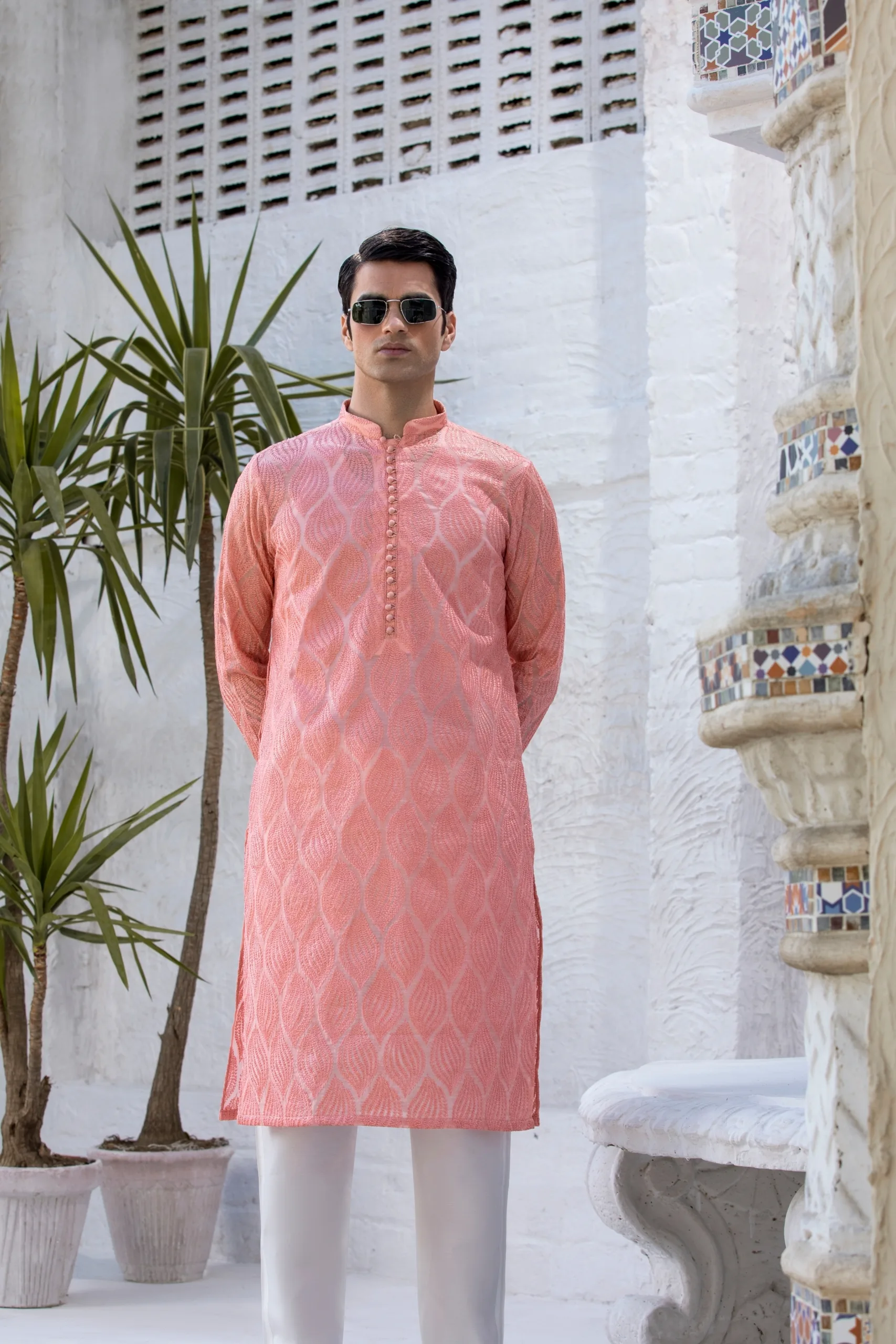 Men's Peachy Pink Leaf Embroidered Kurta - Buy kurta for men Men's Peachy Pink Leaf Embroidered Kurta - Buy kurta for men