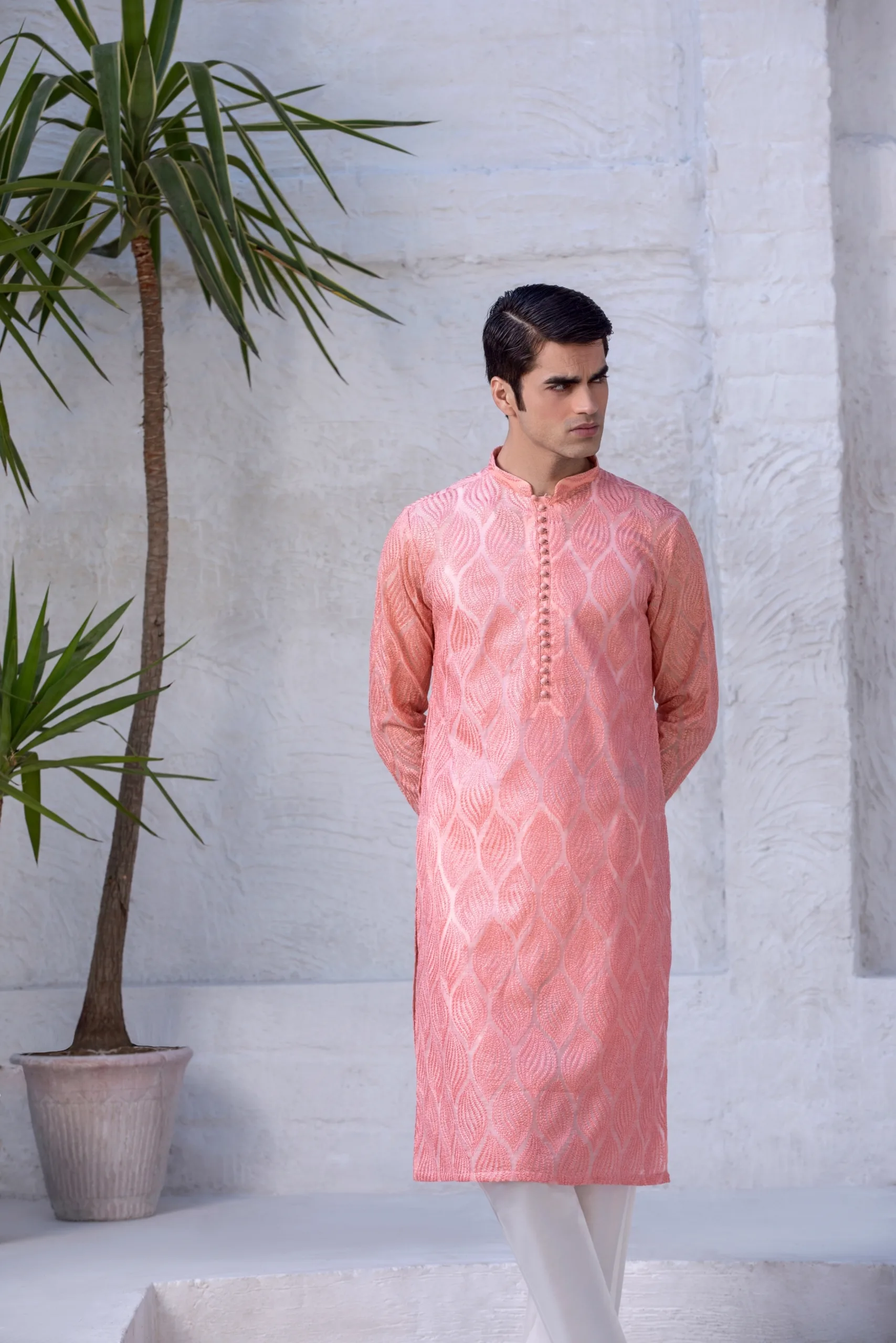 Men's Peachy Pink Leaf Embroidered Kurta - Buy kurta for men