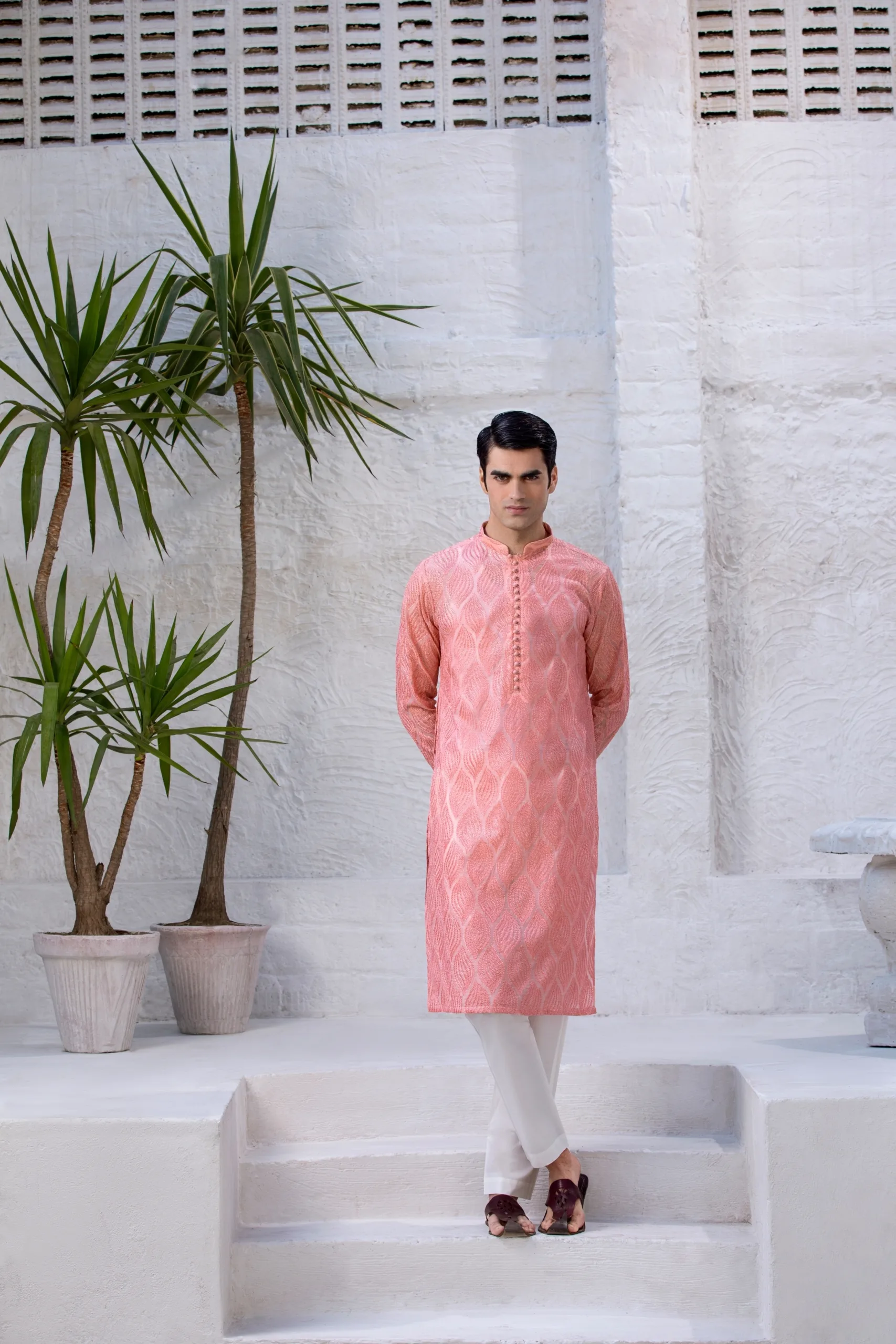 Men's Peachy Pink Leaf Embroidered Kurta - Buy kurta for men Men's Peachy Pink Leaf Embroidered Kurta - Buy kurta for men