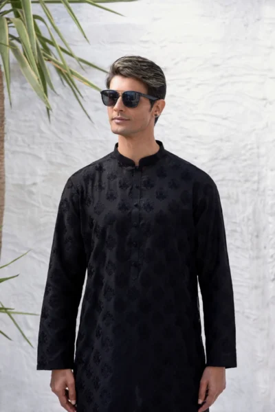 Black Kurta Set! Embroidered details, comfy fabric. Dress up or down for any occasion. Look sharp, feel great! Get the best of Naushemian by Nauman Arfeen