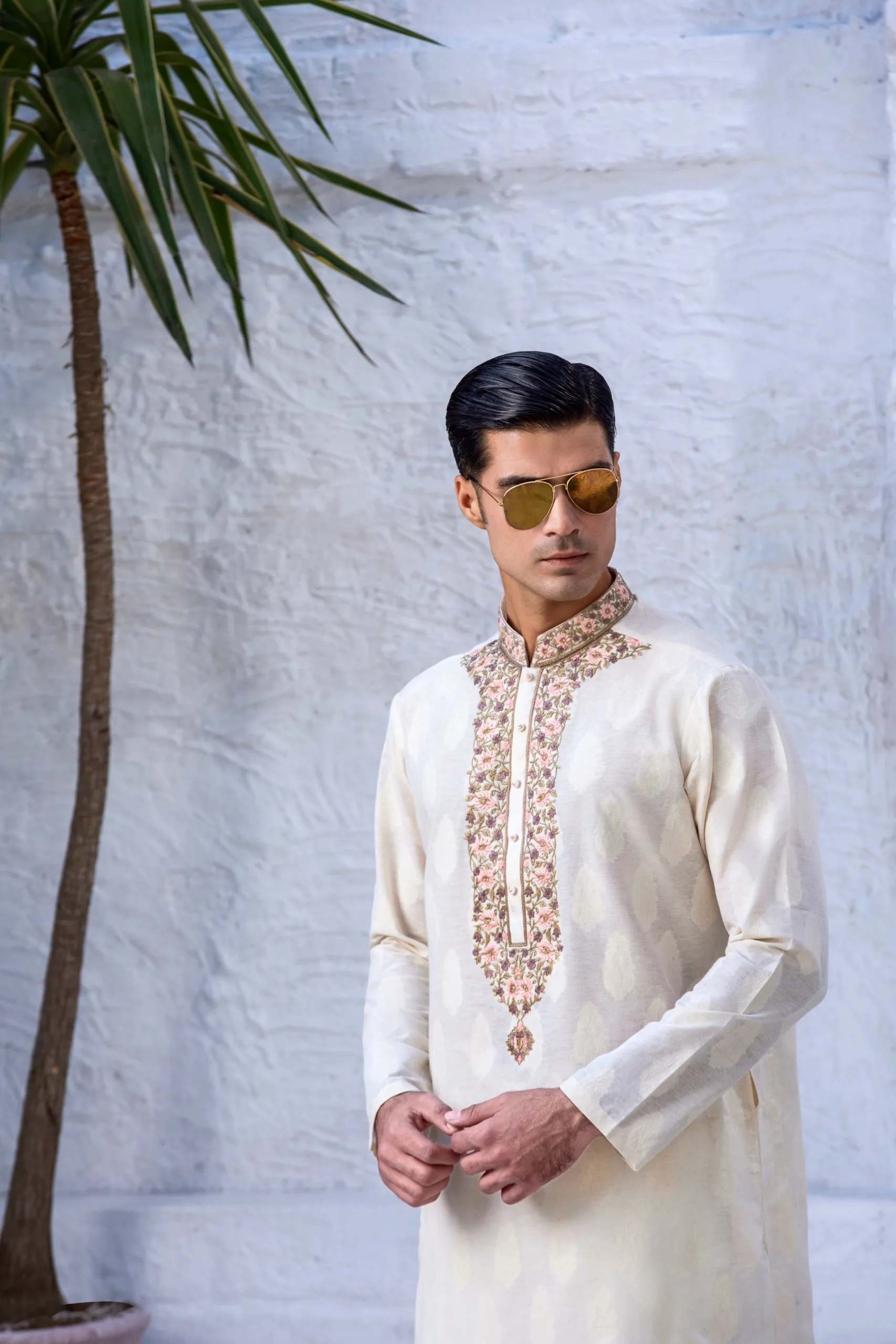 Cream Beige Mens Kurta Embroidered Elegance Intricate leaf motif