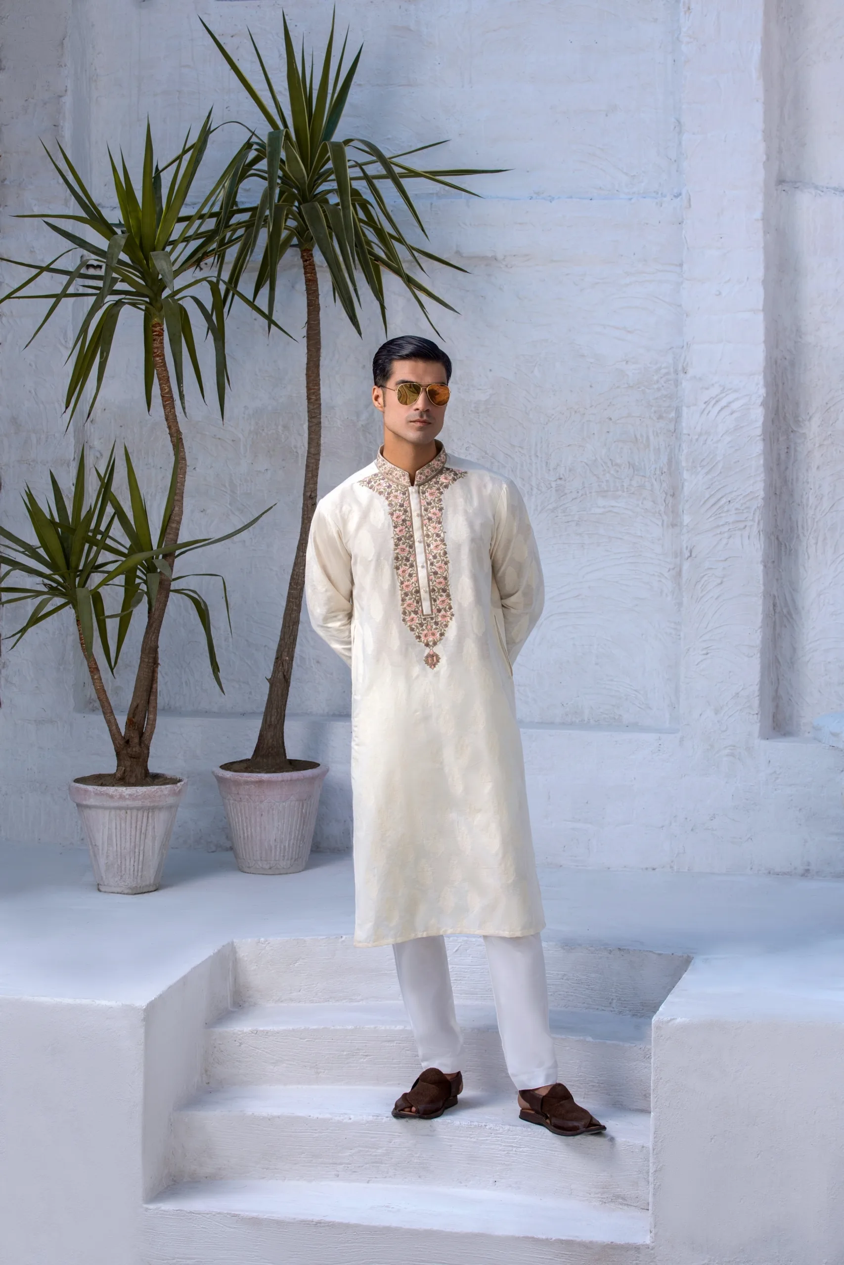 Cream Beige Mens Kurta Embroidered Elegance Intricate leaf motif
