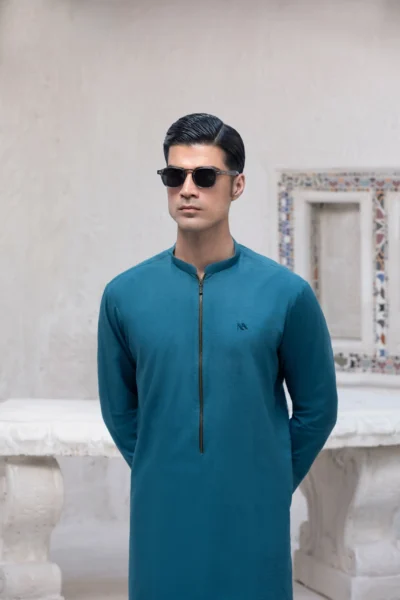 Striking Aegean Blue Zip Kurta for Men