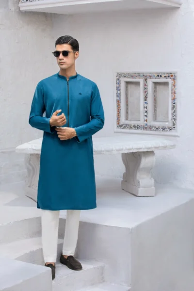Striking Aegean Blue Zip Kurta for Men