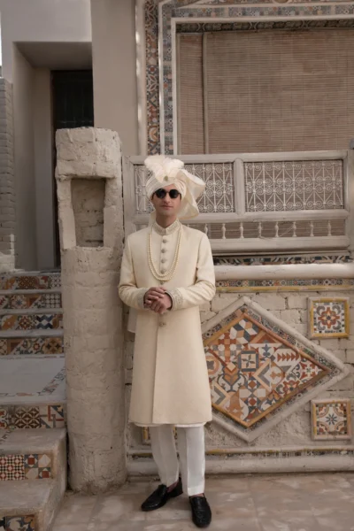 Classic Off-White Sherwani for Groom: Embroidered Elegance for Your Special Day