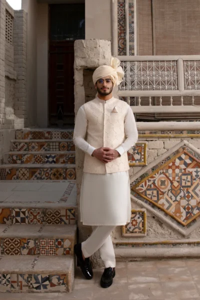Exquisite Off-White Embroidered Waistcoat by Naushemian by Nauman Arfeen