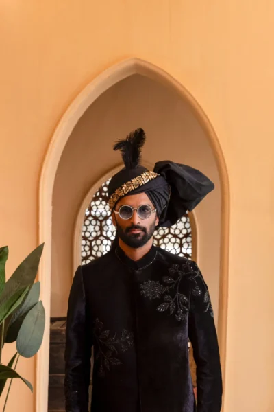 Black Velvet Sherwani for Groom with Dazzling Cut Dana Motifs