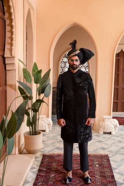 Black Velvet Sherwani for Groom with Dazzling Cut Dana Motifs
