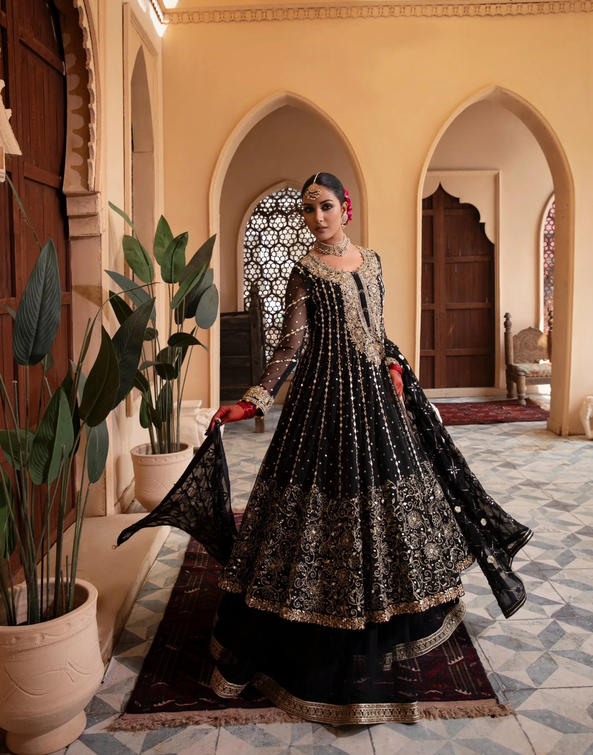 Enchanting Enigmatic layered black couture frock in net and luxurious fabric. Enchanting Enigmatic layered black couture frock in net and luxurious fabric.