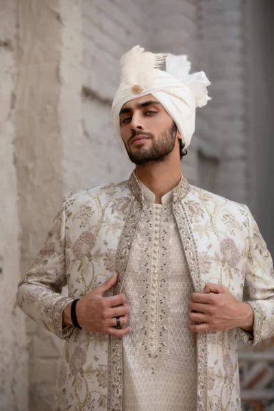 Beige sherwani for groom with embroidery, perfect for modern groom for a stylish and traditional wedding