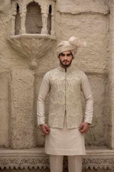 Wedding guests sunning in designer dresses inclusing waistcoats designed by Nauman Arfeen