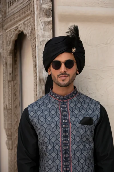 Mens Festive Waistcoat by Naushemian by Nauman Arfeen Stunning bluish-black color with intricate crystal glass embroidery at borders