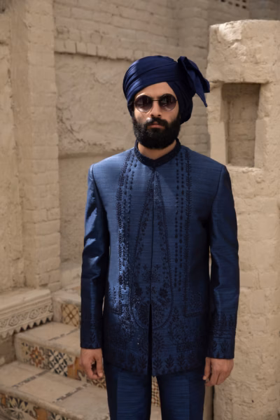 Mens Blue Prince Coat with Black Embroidery and Back Motif