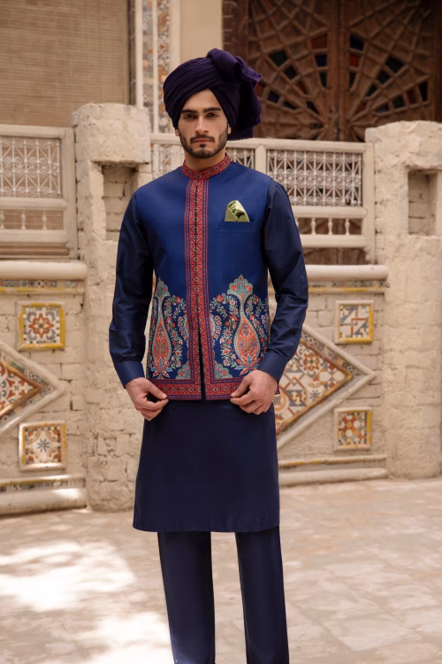 dual-toned waistcoat, featuring a rich blue hue on the front and a deep maroon on the back
