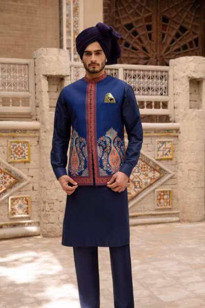dual-toned waistcoat, featuring a rich blue hue on the front and a deep maroon on the back