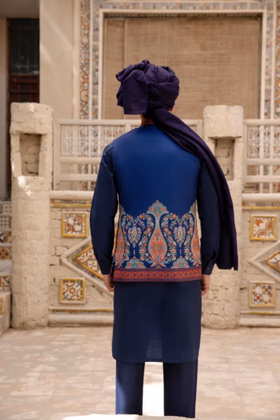 dual-toned waistcoat, featuring a rich blue hue on the front and a deep maroon on the back