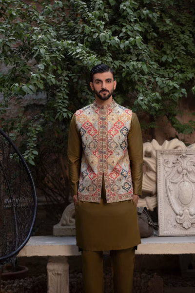 multi-hue embroidered waistcoat for men