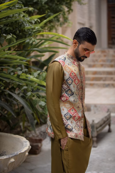 multi-hue embroidered waistcoat for men
