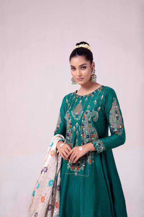 Green Embroidered Elegant Ladies Dress