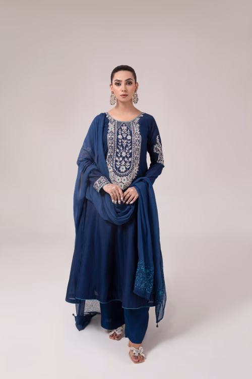 Elegant navy blue long ladies frock - Ladies Frock