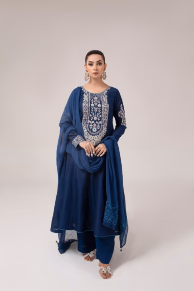 Elegant navy blue long ladies frock - Ladies Frock