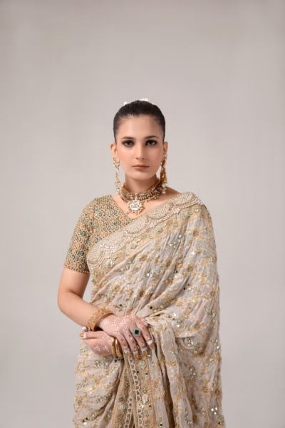 stunning beige gold ladies saree