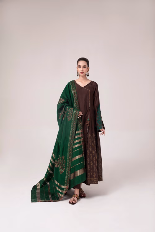 brown Anarkali frock set with green dupatta