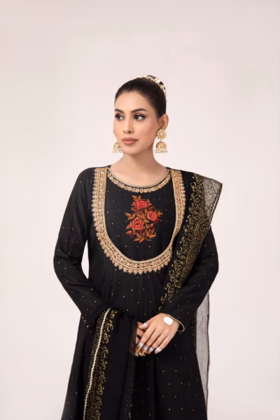 black embroidered panel frock suit