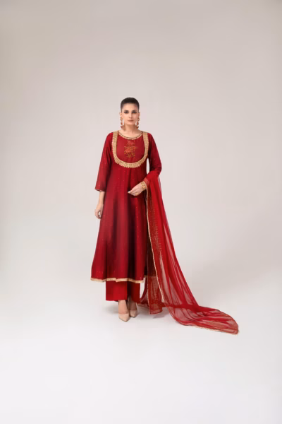 maroon embroidered panel frock suit