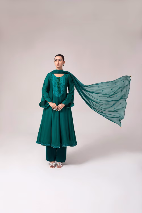 teal green frock suit