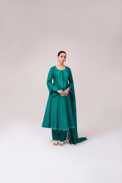 teal green frock suit