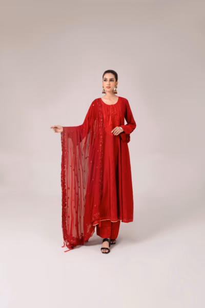 Stunning red hand embroidered ladies frock suit