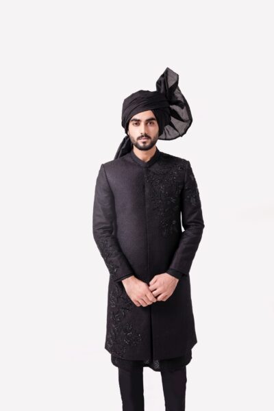 Imperial Black Sherwani for groom with Exquisite Embroidery - Black sherwani of Naushemian by Nauman Arfeen