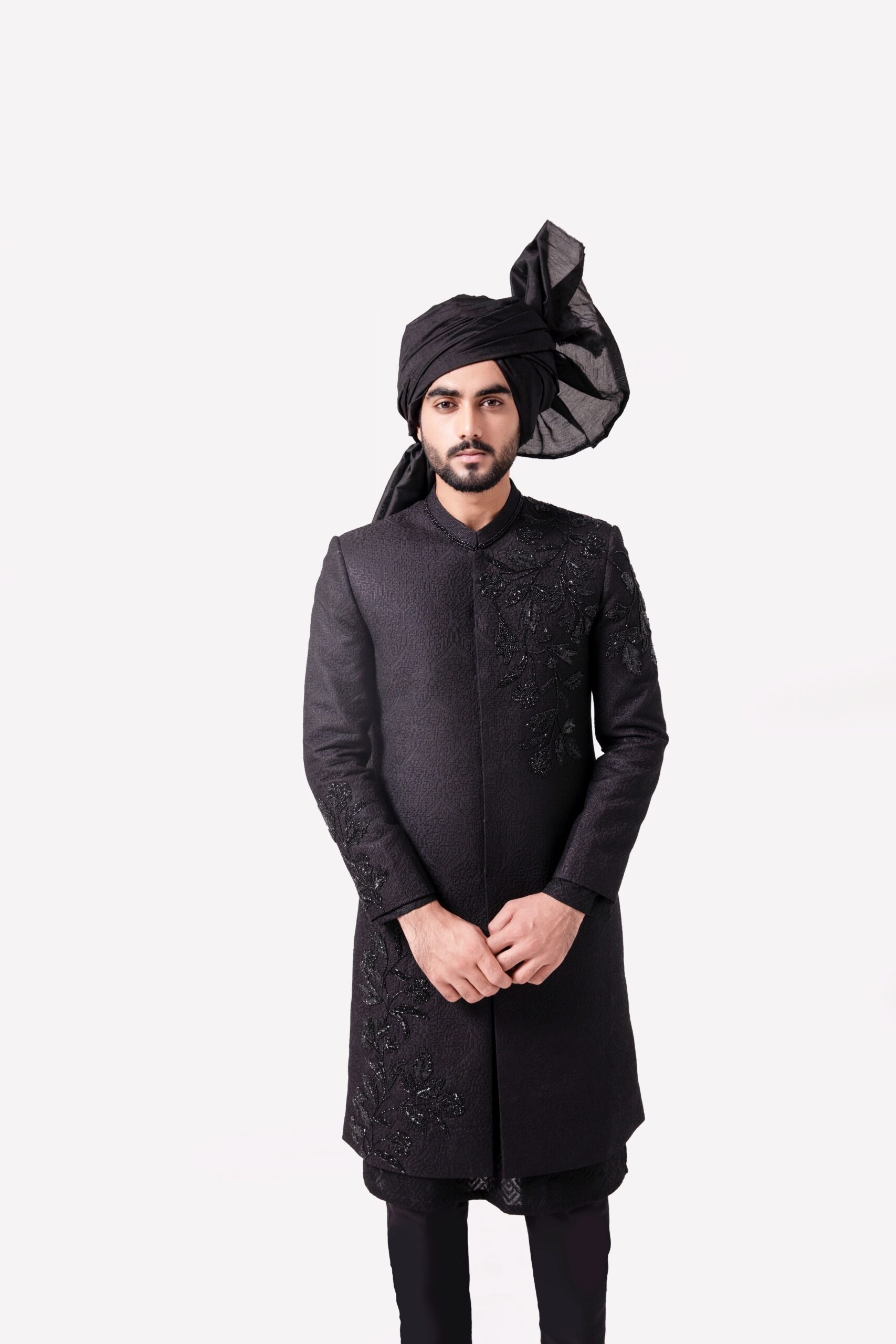 Imperial Black Sherwani for groom with Exquisite Embroidery - Black sherwani of Naushemian by Nauman Arfeen