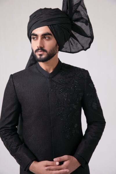 Imperial Black Sherwani for groom with Exquisite Embroidery - Black sherwani of Naushemian by Nauman Arfeen