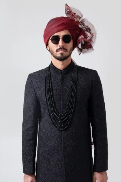 Imperial Black Sherwani for groom with Exquisite Embroidery - Black sherwani of Naushemian by Nauman Arfeen