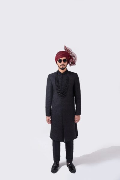 Imperial Black Sherwani for groom with Exquisite Embroidery - Black sherwani of Naushemian by Nauman Arfeen